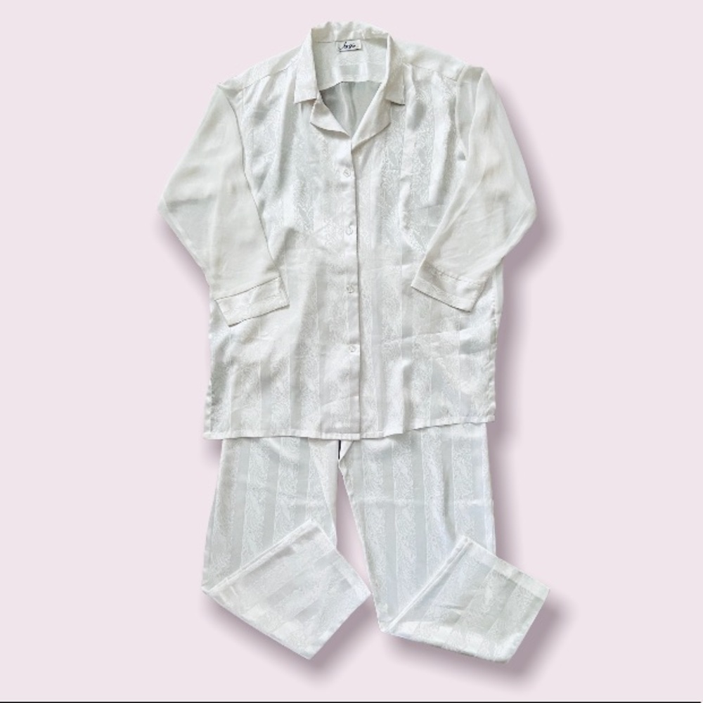 Vintage Josie White Striped Paisley Silky Pajama Set